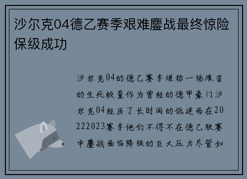 沙尔克04德乙赛季艰难鏖战最终惊险保级成功 沙尔克04德乙赛季艰难鏖战最终惊险保级成功